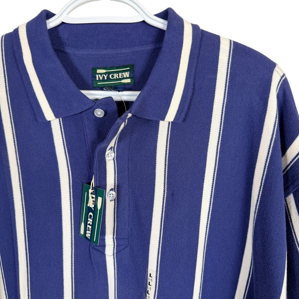 Vintage Ivy Crew Polo Shirt Mens L Blue‎ White Striped Short Sleeve Cotton Pique